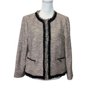 LK Bennett Tweed Fringe Blazer Women’s Size 12 Pink Shoulder Pads Zip Jacket